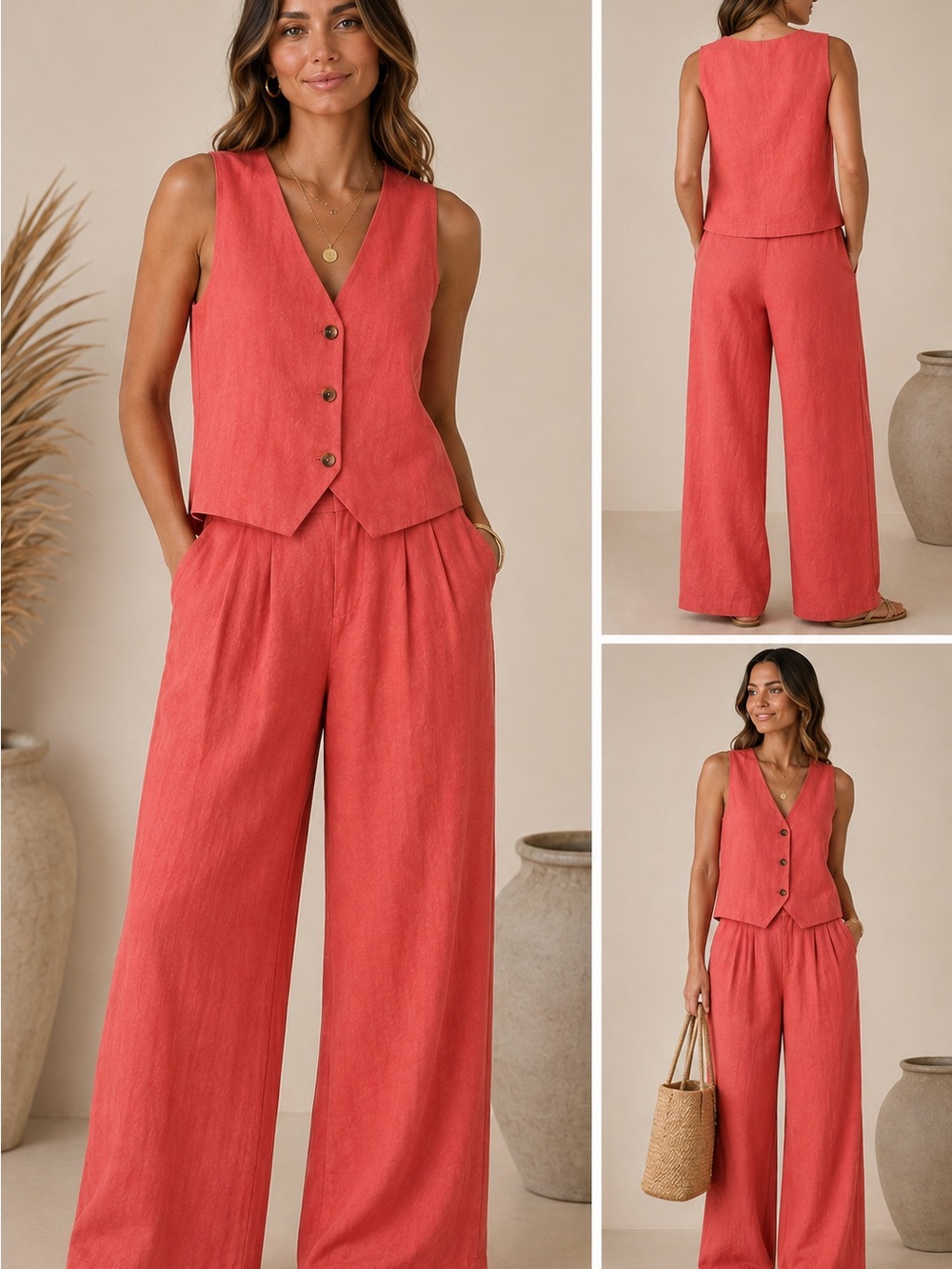 Z Supply NWT Coral 2 piece Set Sleeveless Button Vest with Wide-Leg Pants